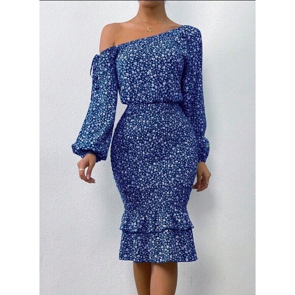 Women's Ditsy Floral Print Asymmetrical Neck Lantern Sleeve Mermaid Hem … - Picture 9 of 9